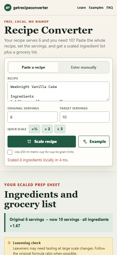 recipe converter showing 6 servings scaled to 10